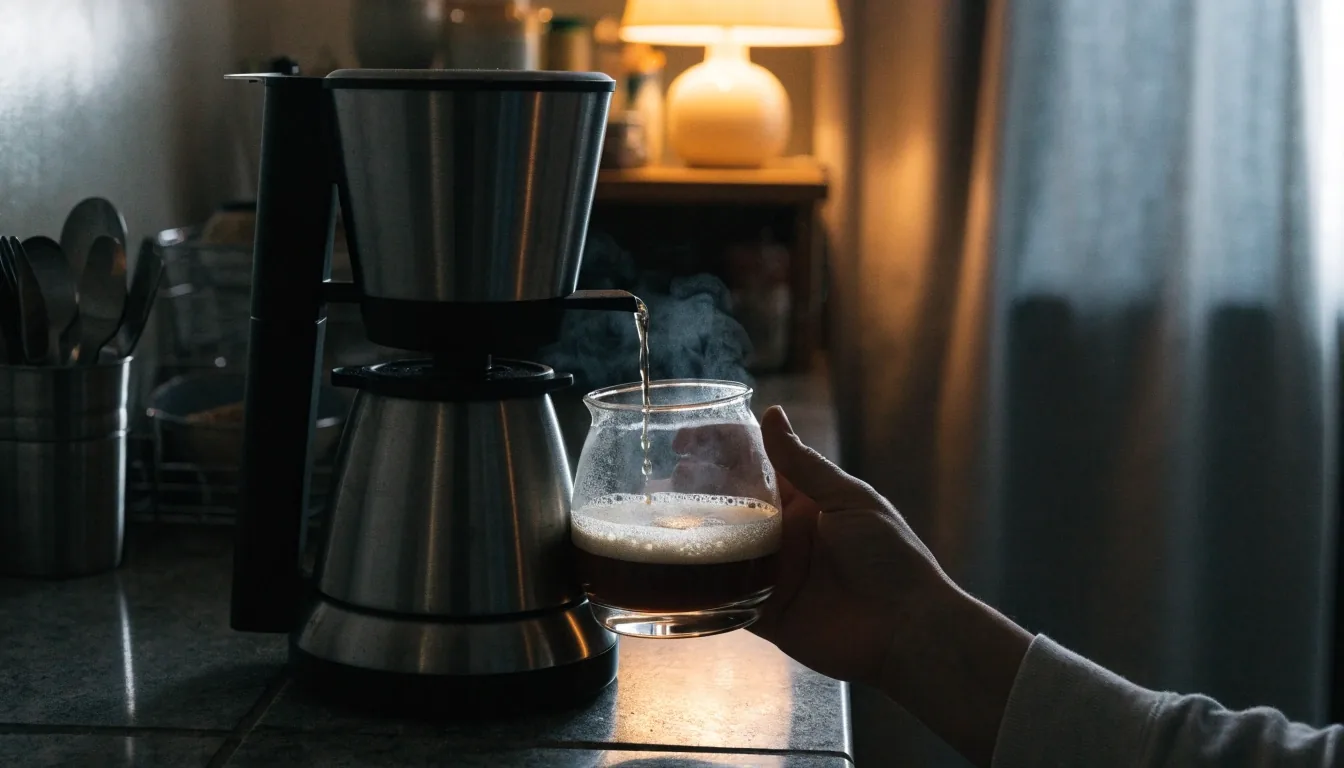 Cafetera compacta de filtro sobre un mesón de piedra oscura en una cocina chica, iluminada por una sola luz cenital