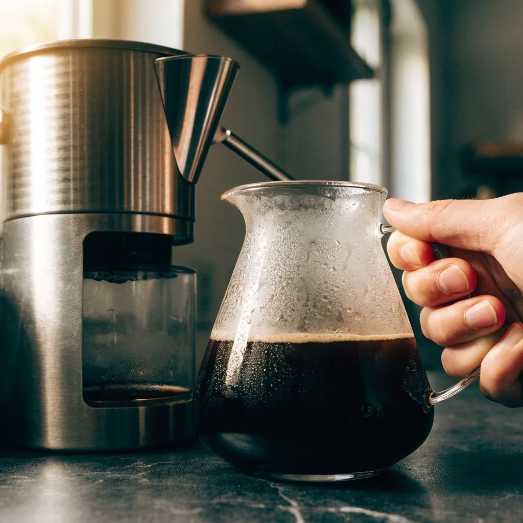 Jarra de vidrio llena de café filtrado al lado de la cafetera