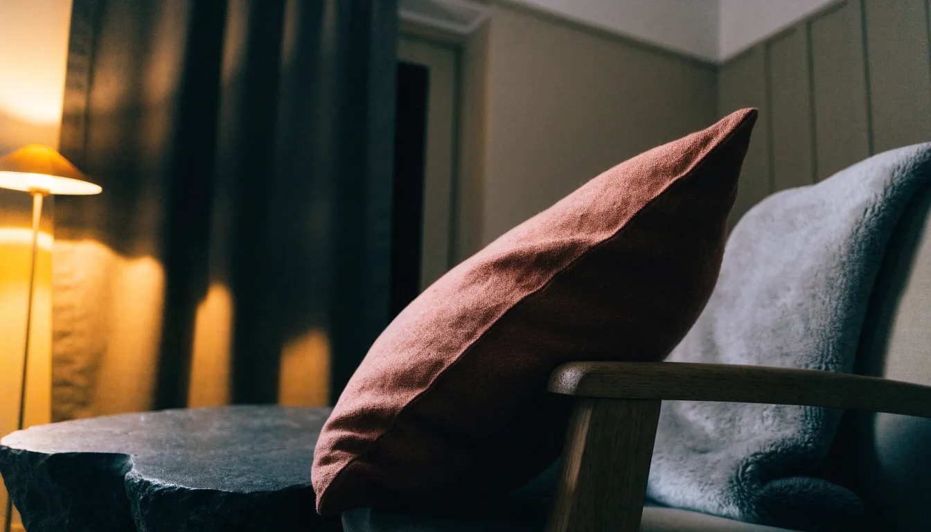Manta de microfibra plegada junto a un almohadón de lino en un rincón oscuro, iluminados por una sola luz frontal