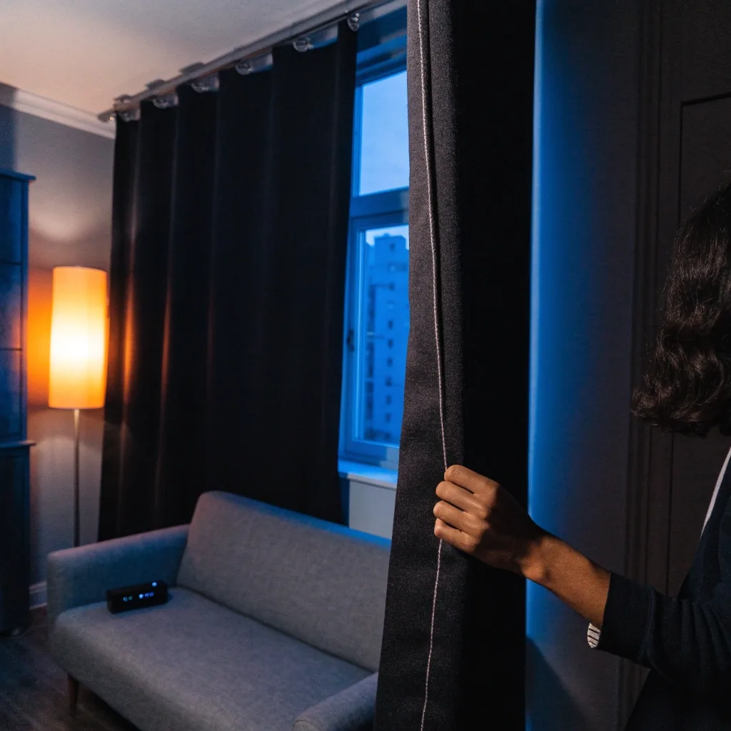 Cortina blackout roller a medio bajar con luz fría de ventana en el borde