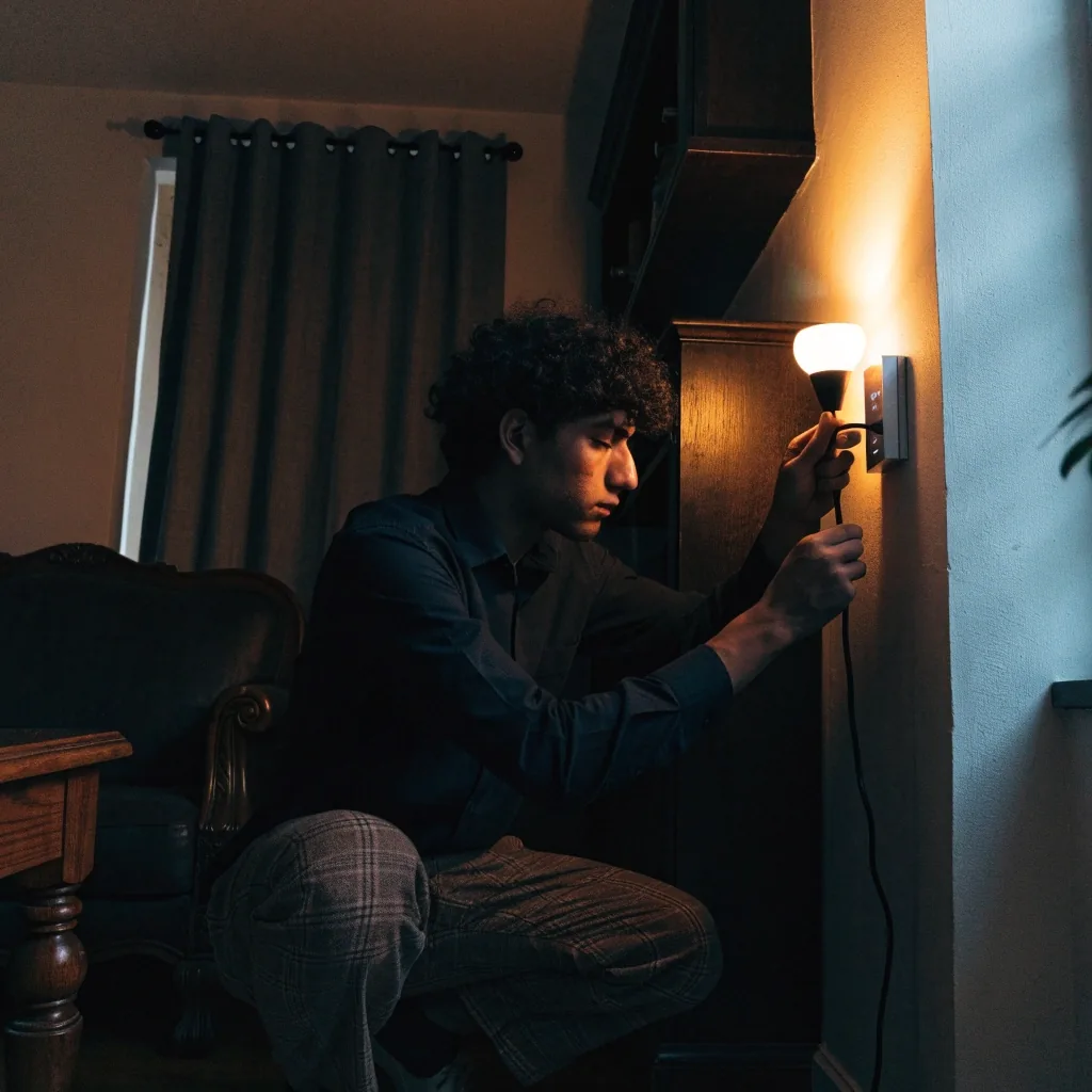Enchufe inteligente en una toma de pared con una lámpara encendida en un living de noche