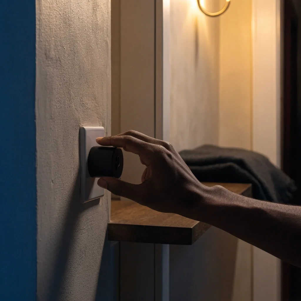 Lámpara de pared conectada al enchufe inteligente en un pasillo de noche