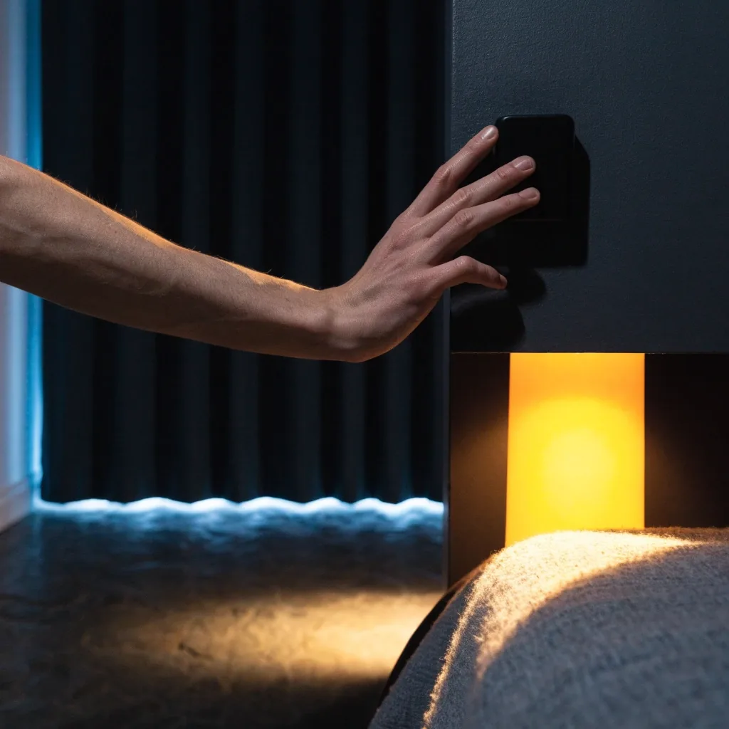Lámpara de mesa con luz cálida encendida sobre fondo de piedra oscura