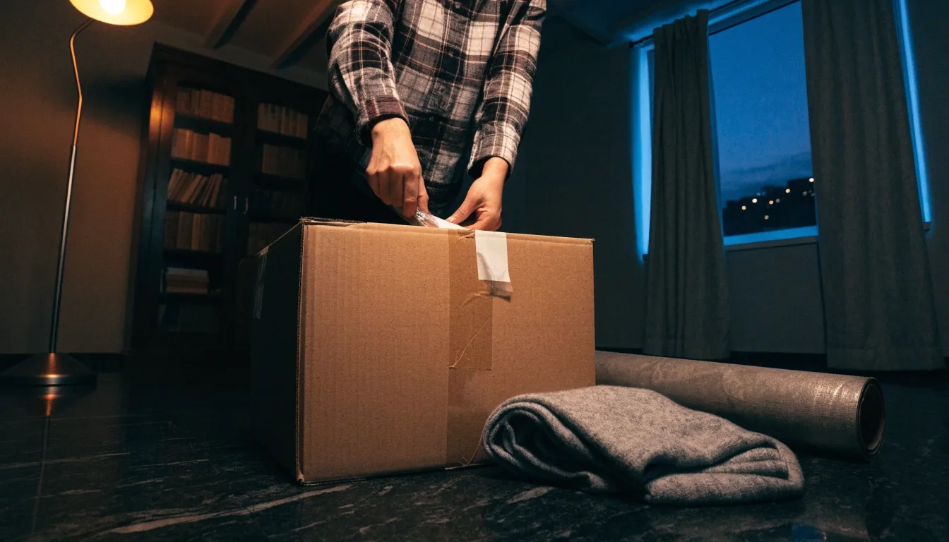Cajas de un pedido de Crumbway Hogar listas para despacho en un palier de noche