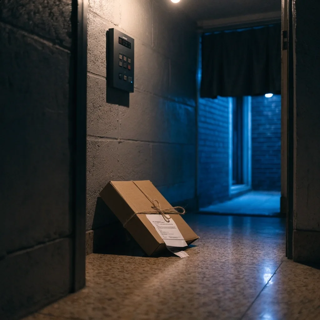 Paquete con aviso de visita dejado en el palier de un edificio