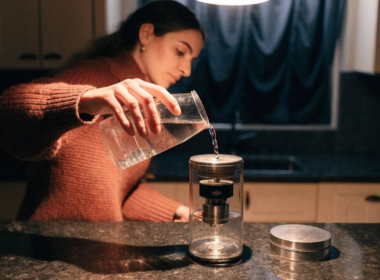 Cafetera compacta sobre mesada de piedra oscura