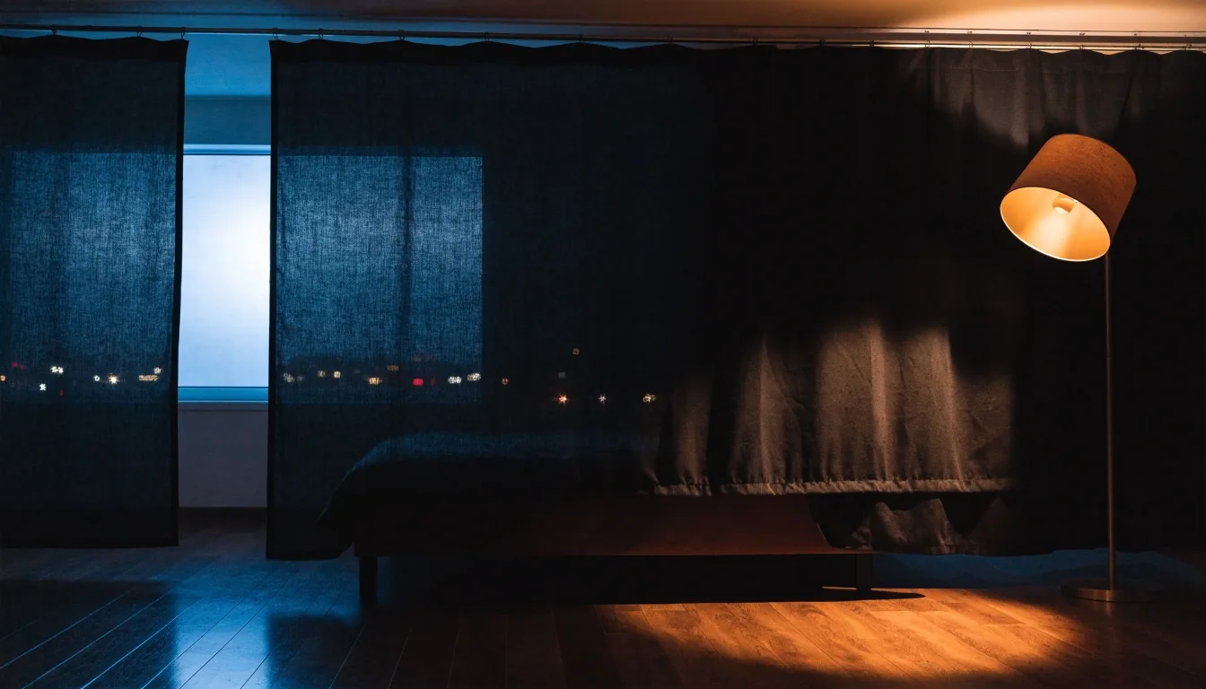 Rincón de dormitorio con cortina roller blackout a medio bajar, luz de ventana y charco de lámpara cálida