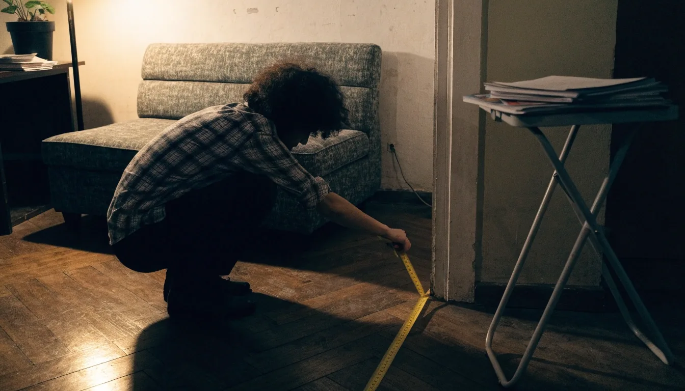 Persona midiendo el espacio libre entre un sofá bajo y la pared antes de colocar la mesa plegable