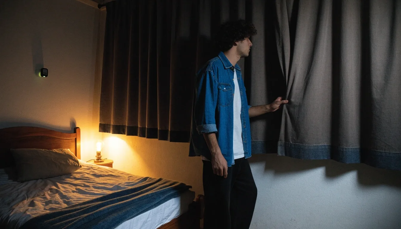Persona en su casa revisando el navegador de noche junto a una cortina a medio correr