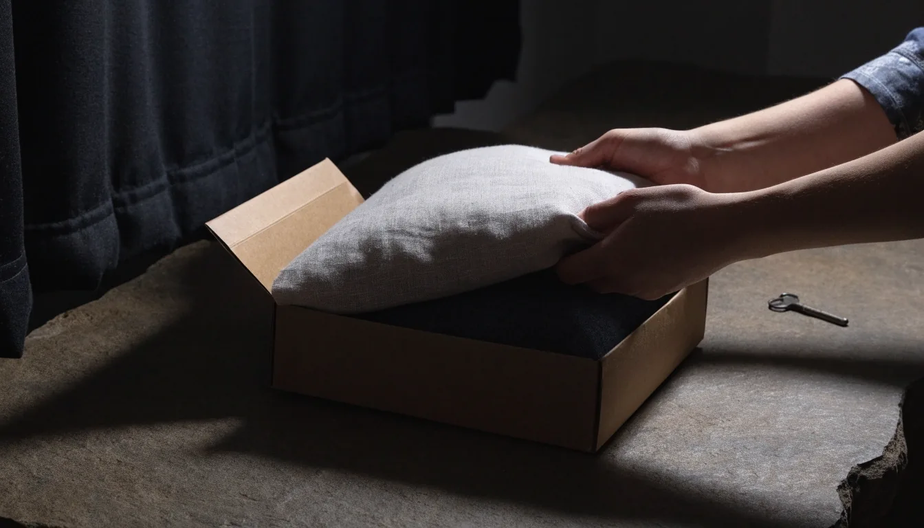 Textiles de hogar sobre una superficie de piedra oscura, en luz nocturna