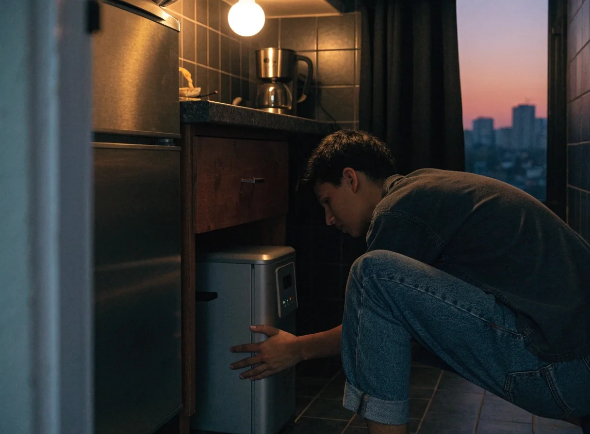 Cocina pequeña de noche con cafetera compacta en la mesada y purificador en el piso