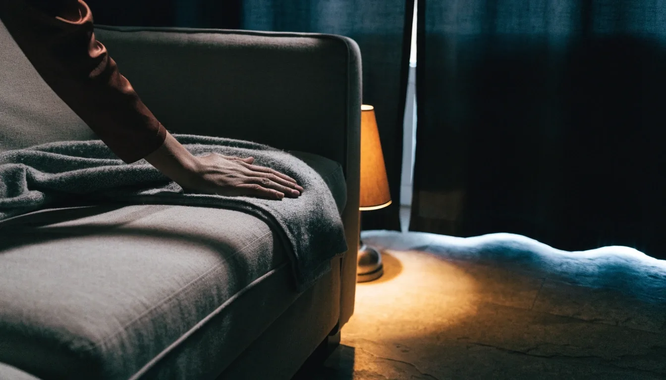 Living nocturno con cortina roller a medio bajar y lámpara de mesa encendida junto a una manta plegada