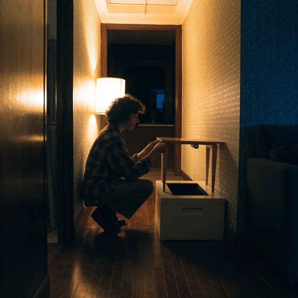 Pasillo estrecho de noche con mesa plegable y banco guardarropa