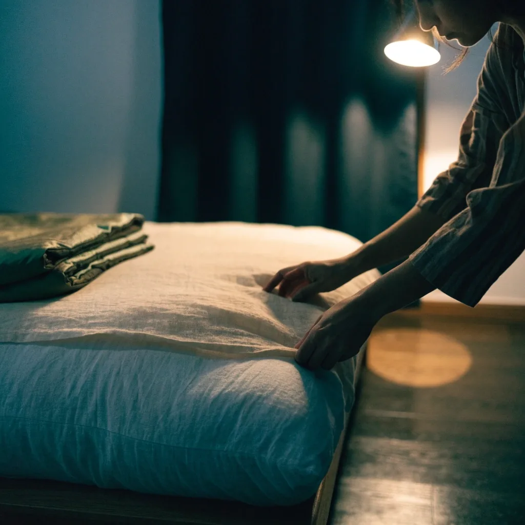 Rincón de dormitorio de noche con manta de microfibra y almohadones de lino